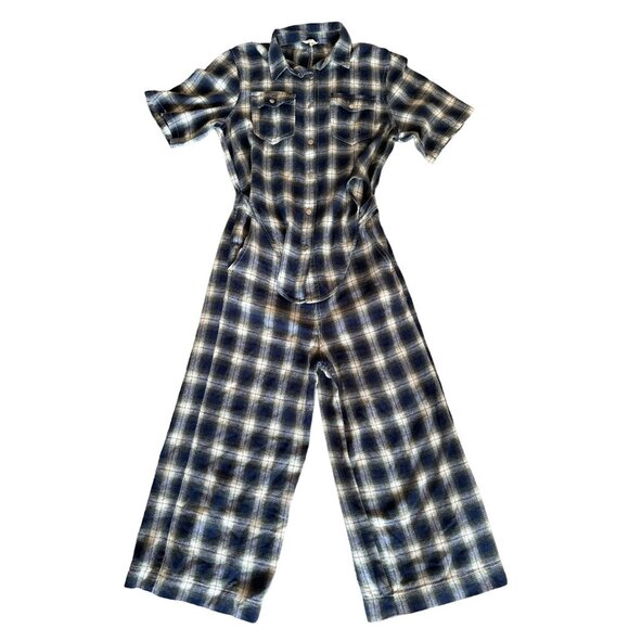 POL Plaid Tie-Front Jumpsuit Button Up Navy‎ White Womans Size Small - Picture 4 of 8